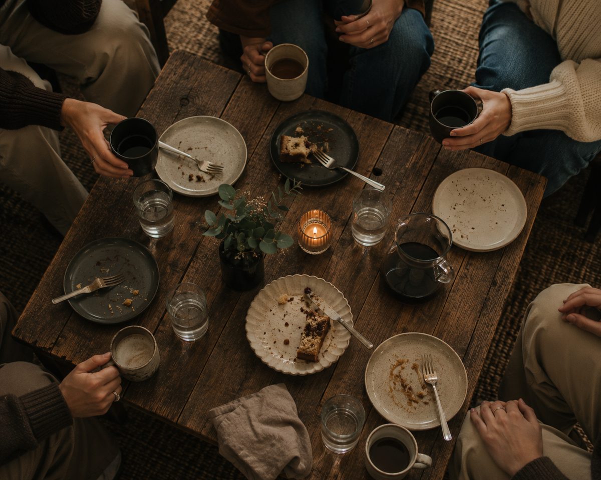 A small group gathered around a table with coffee and cake, talking together